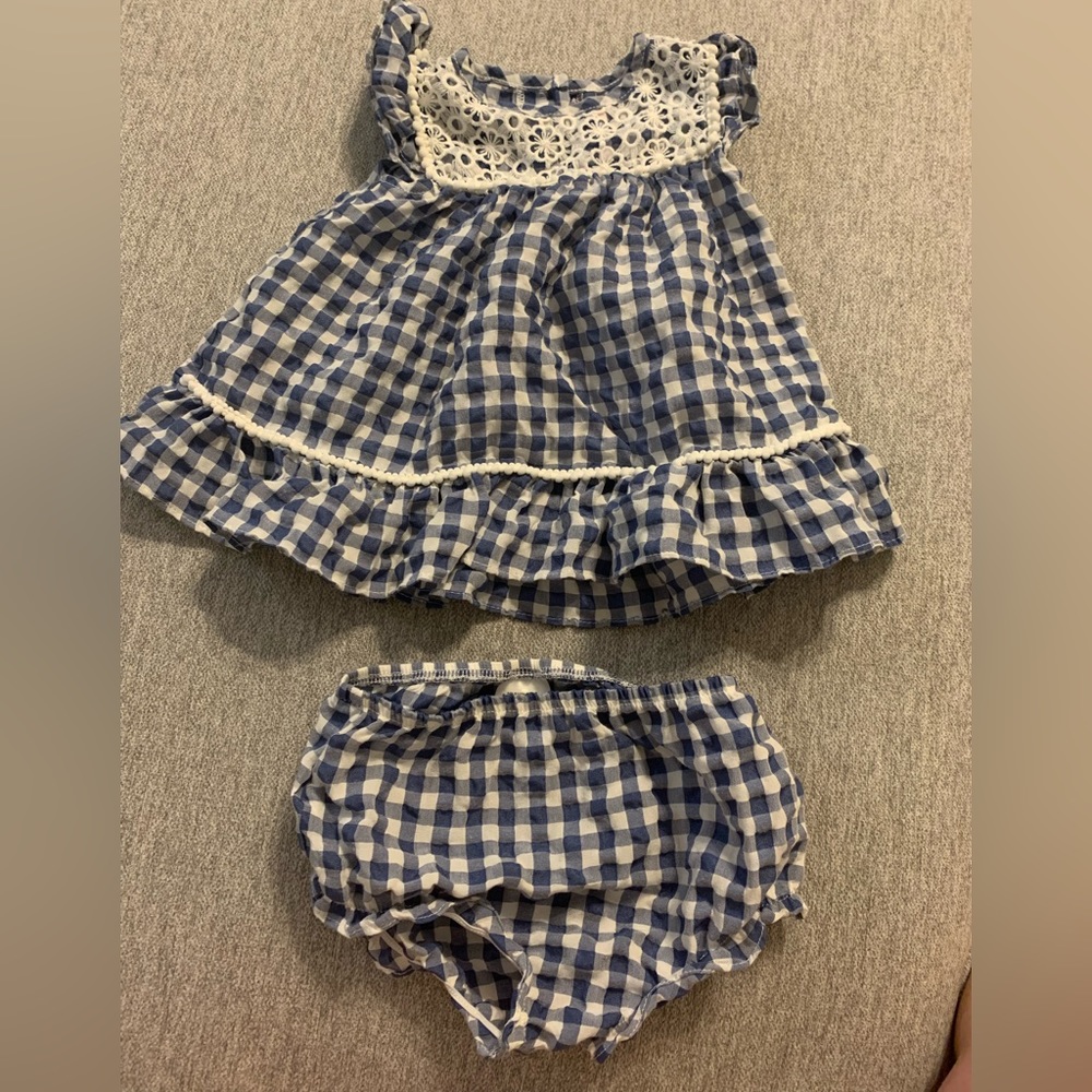 Baby girl 12 months outfit blue & white gingham top and bummies